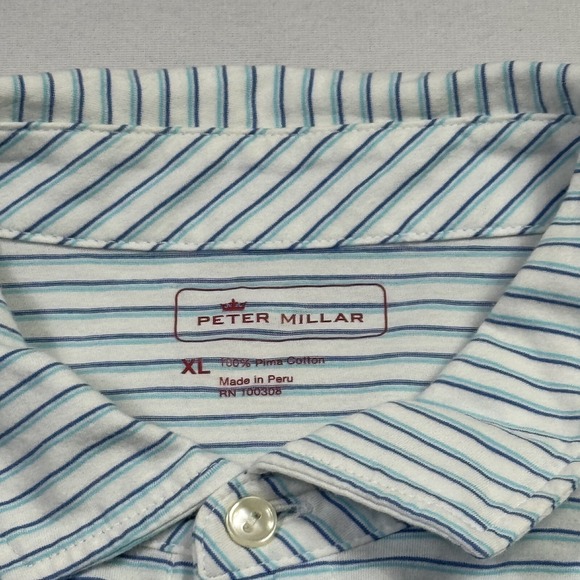 Peter Millar Men's Polo Golf Shirt Striped Pima Cotton White Blue Extra Large - Picture 7 of 10